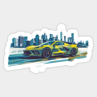 Yellow C8 Corvette Supercar Racecar New York Skyline Muscle Car sportscar Accelerate Yellow Corvette C8 Sticker